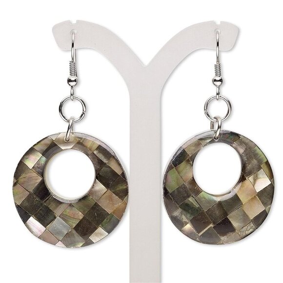 Handcrafted Natural Organic Black Lip Shell Checkered Gogo Pendant Earrings - Picture 1 of 1